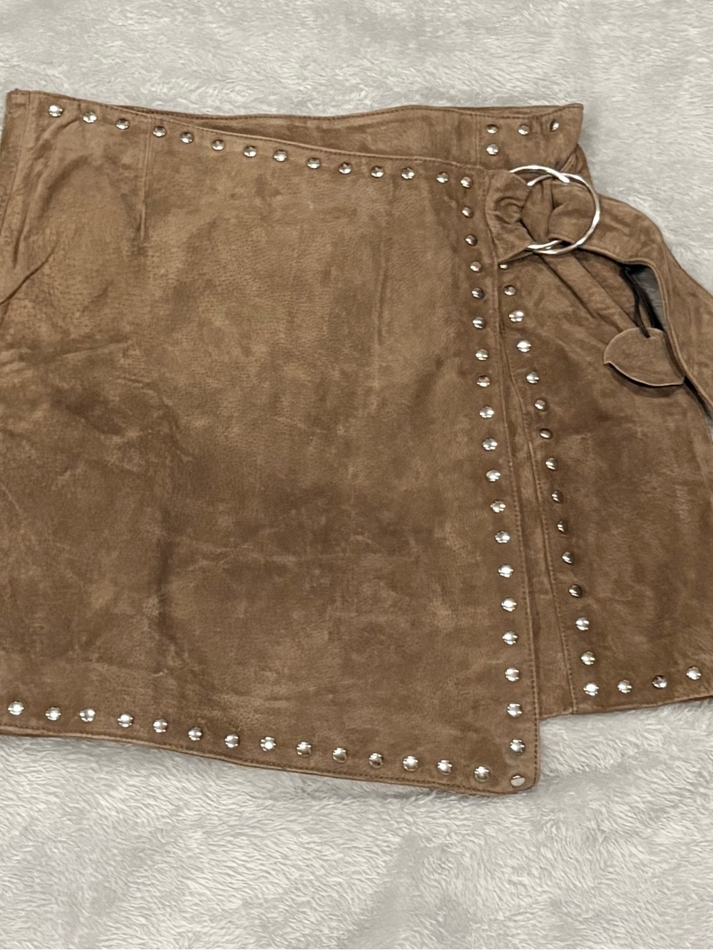 Studded Genuine Suede Wrap Mini Skirt - Brown